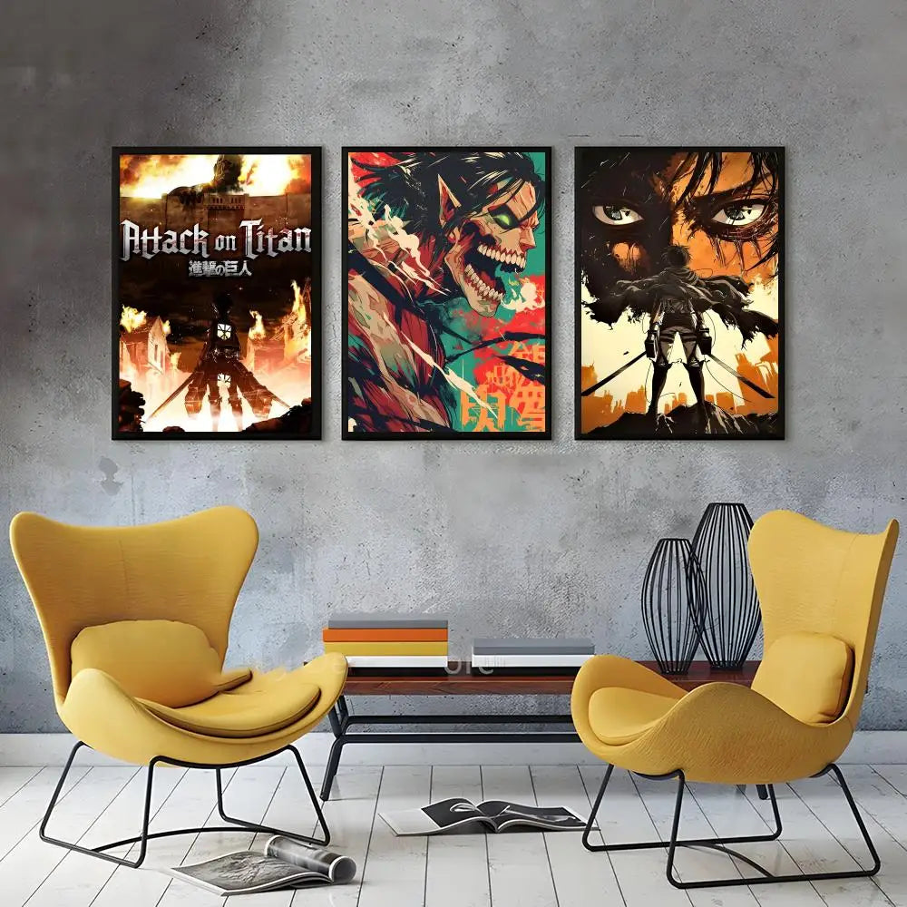 Three framed posters of Attack on Titan characters displayed on a gray concrete wall.