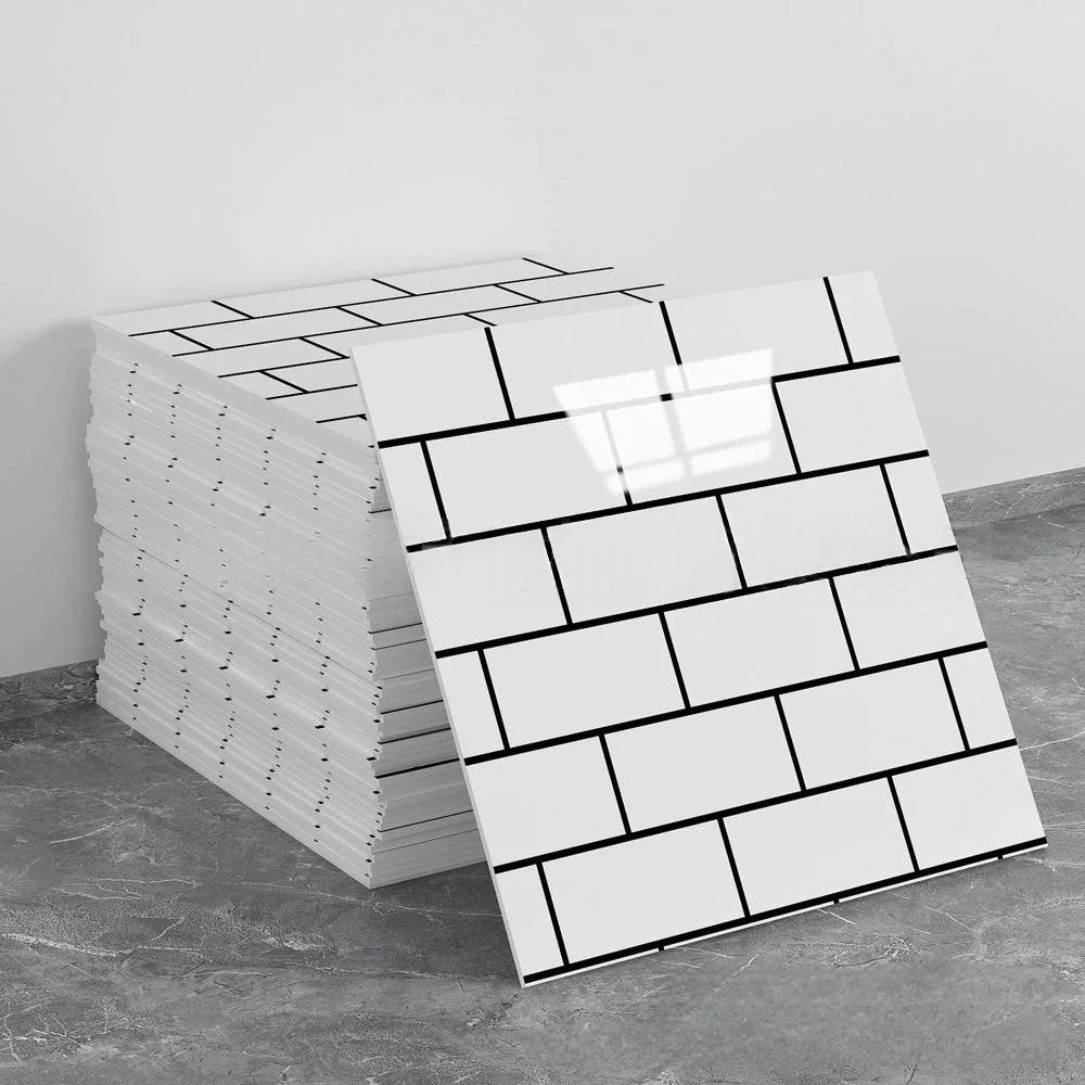A stack of white self-adhesive marble tile stickers, featuring a black grid pattern, is displayed on a gray surface.
