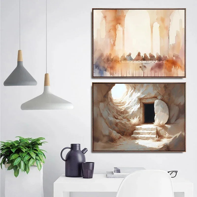 A framed watercolor painting depicting Jesus walking on water with a crowd in the background.