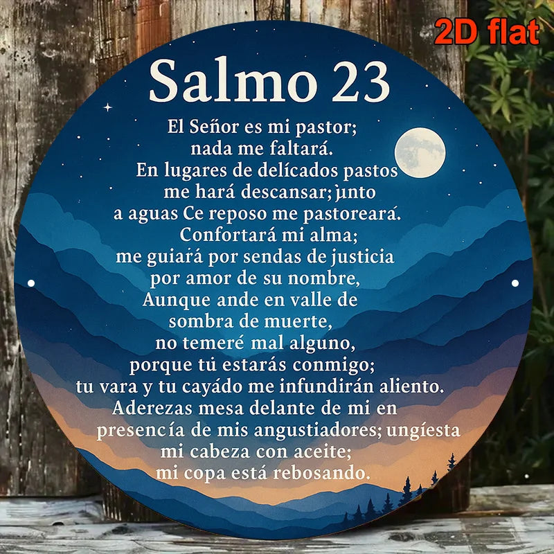 Blue and white metal wall art featuring Psalm 23 text with a crescent moon and stars.