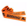 Orange caution tape with skull and crossbones warning text rolled up for Halloween decor