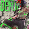 A stylized illustration of Chainsaw Man in a dark outfit with green accents, set against a textured background.