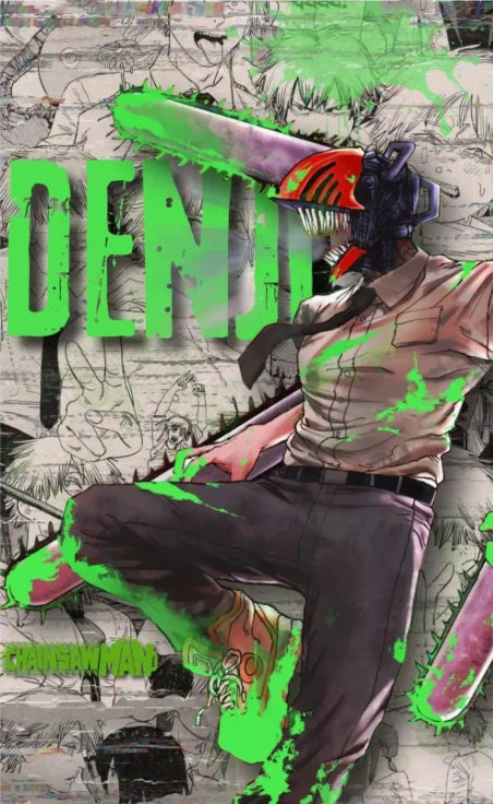 A stylized illustration of Chainsaw Man in a dark outfit with green accents, set against a textured background.