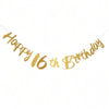 Elegant black and gold glitter banner spelling out Happy 16th Birthday