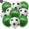 A pack of ten black and white soccer ball balloons used for party decorations.