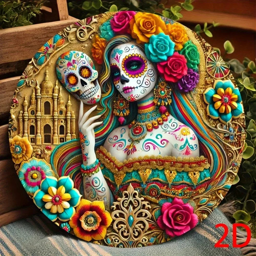 Vintage Day of the Dead Catrina Lady aluminum sign featuring a skull and floral design.