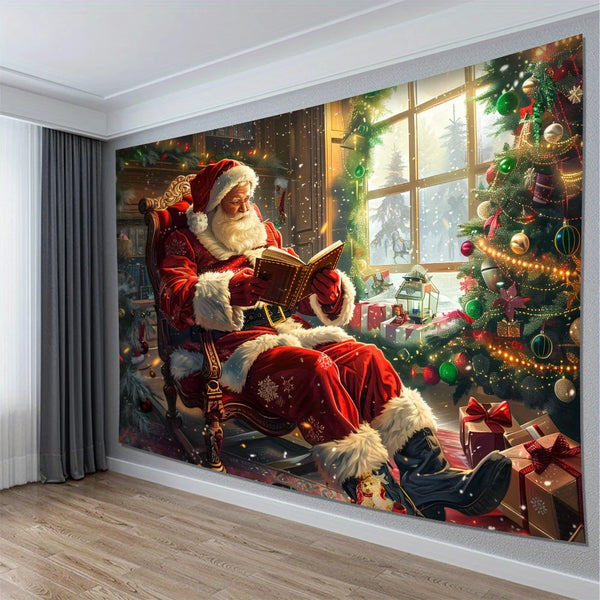 A tapestry depicting Santa Claus reading a book in a festive Christmas setting with a decorated tree.