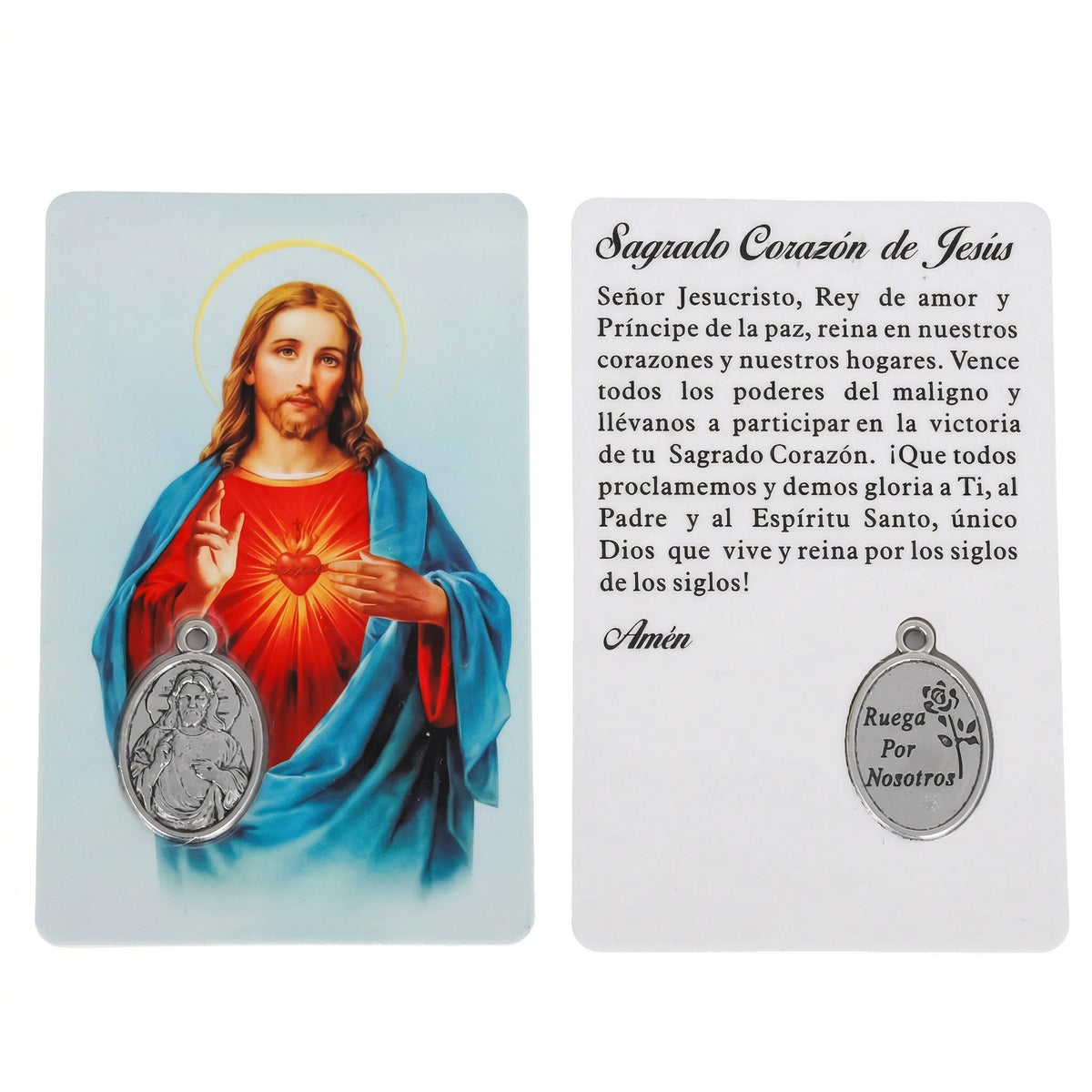 A white card featuring an image of Jesus with a halo and a heart, along with Spanish text about the Sacred Heart of Jesus.