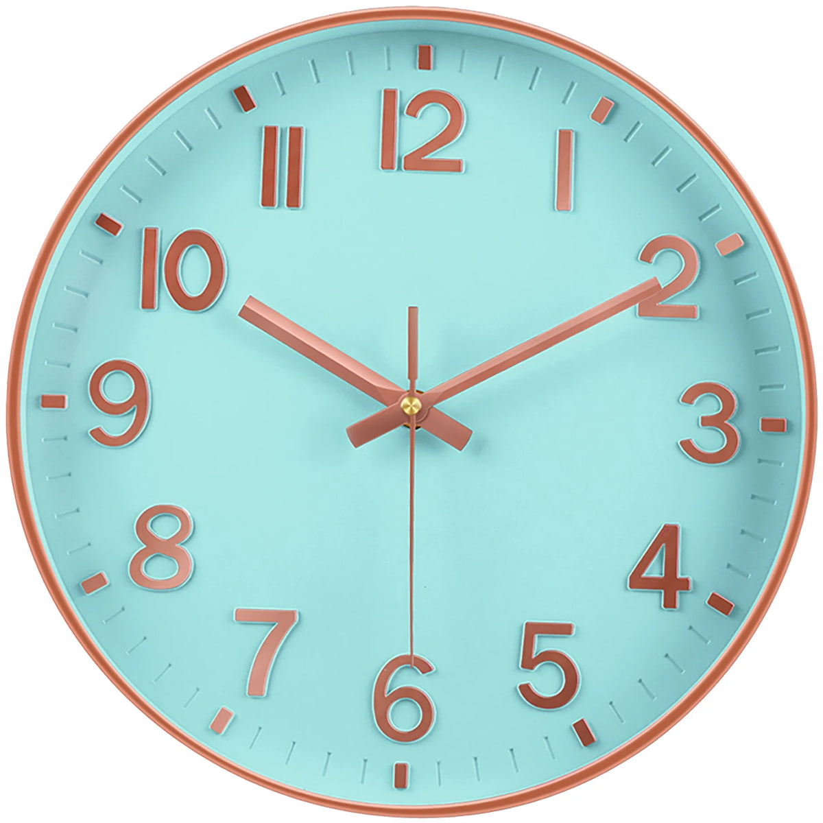 A light blue modern silent quartz wall clock with rose gold accents and a 3D cubic design.