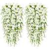 Two vertical arrangements of white artificial morning glory flowers with green leaves for outdoor decor