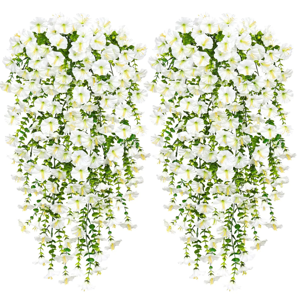 Two vertical arrangements of white artificial morning glory flowers with green leaves for outdoor decor