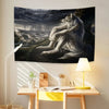 A dark tapestry wall hanging depicting a wolf howling under a stormy sky.