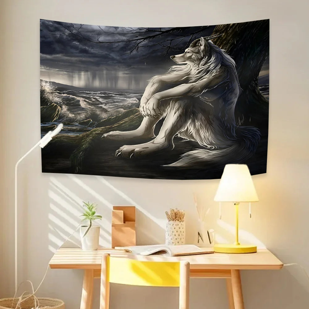 A dark tapestry wall hanging depicting a wolf howling under a stormy sky.
