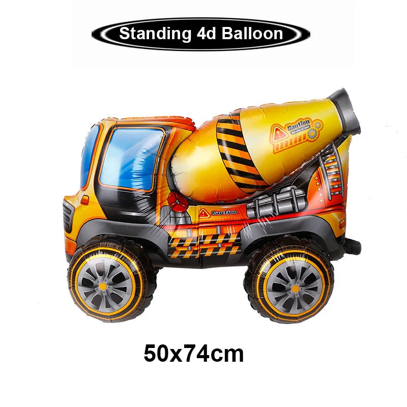 A yellow construction truck foil balloon standing upright for party decoration.