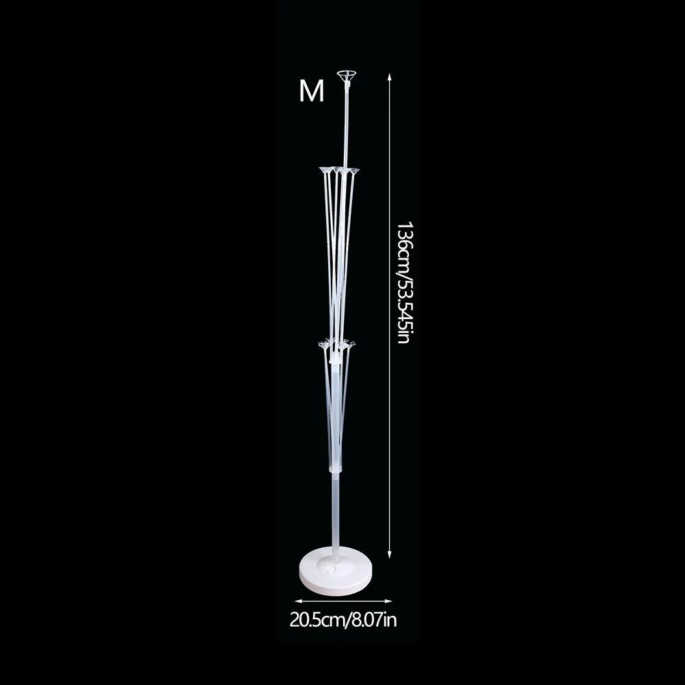 A white adjustable balloon stand with a pole and base for party decorations.