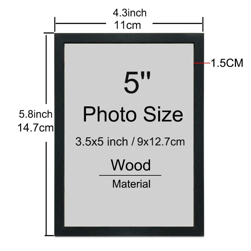 A rectangular black frame with a white insert, labeled as a 5 inch photo size wood material.
