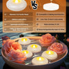 Comparison graphic showing features of a candle product versus another, with floating candles in a bowl.