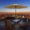 A patio umbrella light with a large canopy illuminating an outdoor seating area at dusk.