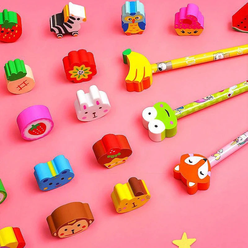 A collection of colorful cartoon animal pencils with eraser tops, including a pink hedgehog, yellow elephant, and green dinos