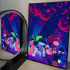 A vibrant poster featuring characters from Deltarune in a dark, starry forest setting.