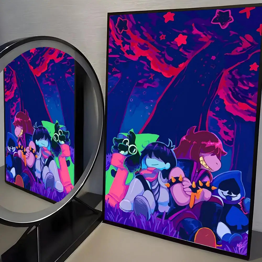 A vibrant poster featuring characters from Deltarune in a dark, starry forest setting.