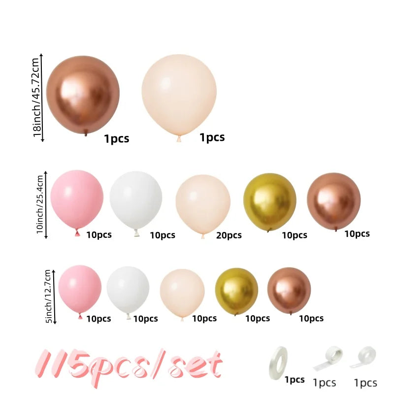 A set of 115 rose gold and pink balloons in various sizes, including round and heart shapes.