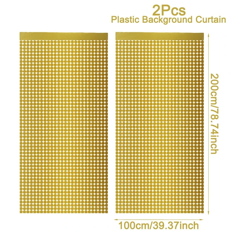 Two pieces of gold sequin glitter fabric used as a plastic background curtain for events
