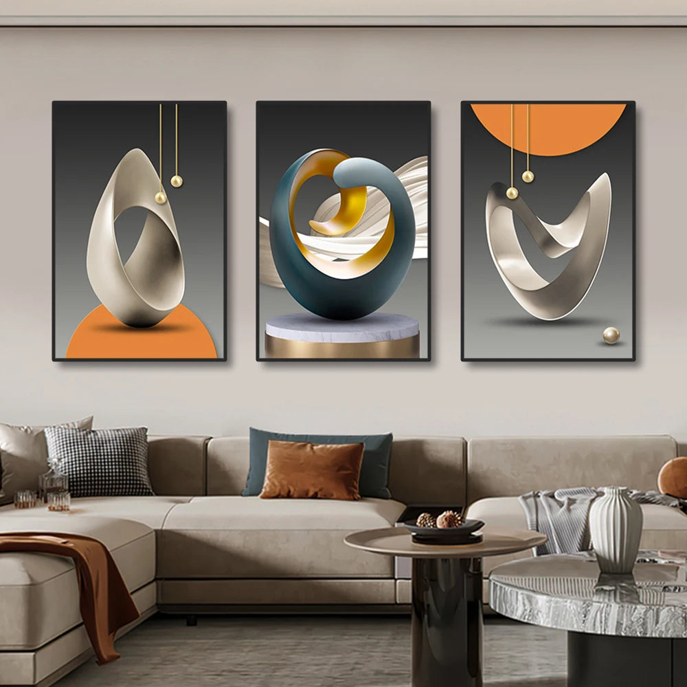 A set of three modern geometric canvas wall art pieces featuring abstract gold and silver shapes in muted tones.