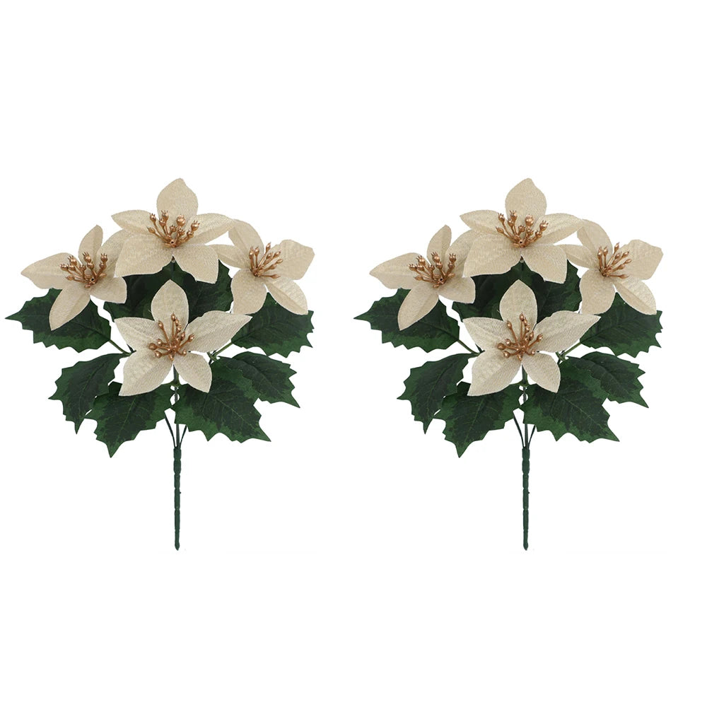 Set of two artificial poinsettia bouquets with five flowers each on a stem for holiday decor