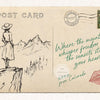 Vintage postcard featuring a silhouette of a cowgirl standing on a cliff overlooking mountains with text about Colorado