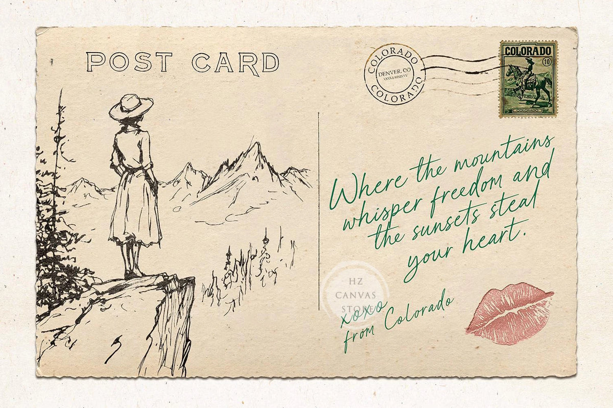 Vintage postcard featuring a silhouette of a cowgirl standing on a cliff overlooking mountains with text about Colorado