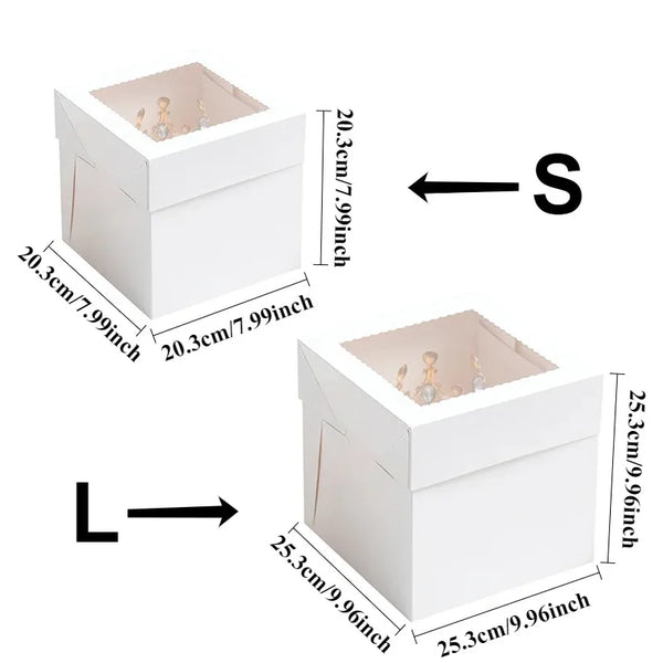 White bakery boxes with a window shown from the side, indicating dimensions of 20.3cm and 25.3cm.
