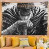 A black and white manga art tapestry featuring a fierce character with spiky hair and dramatic clothing.