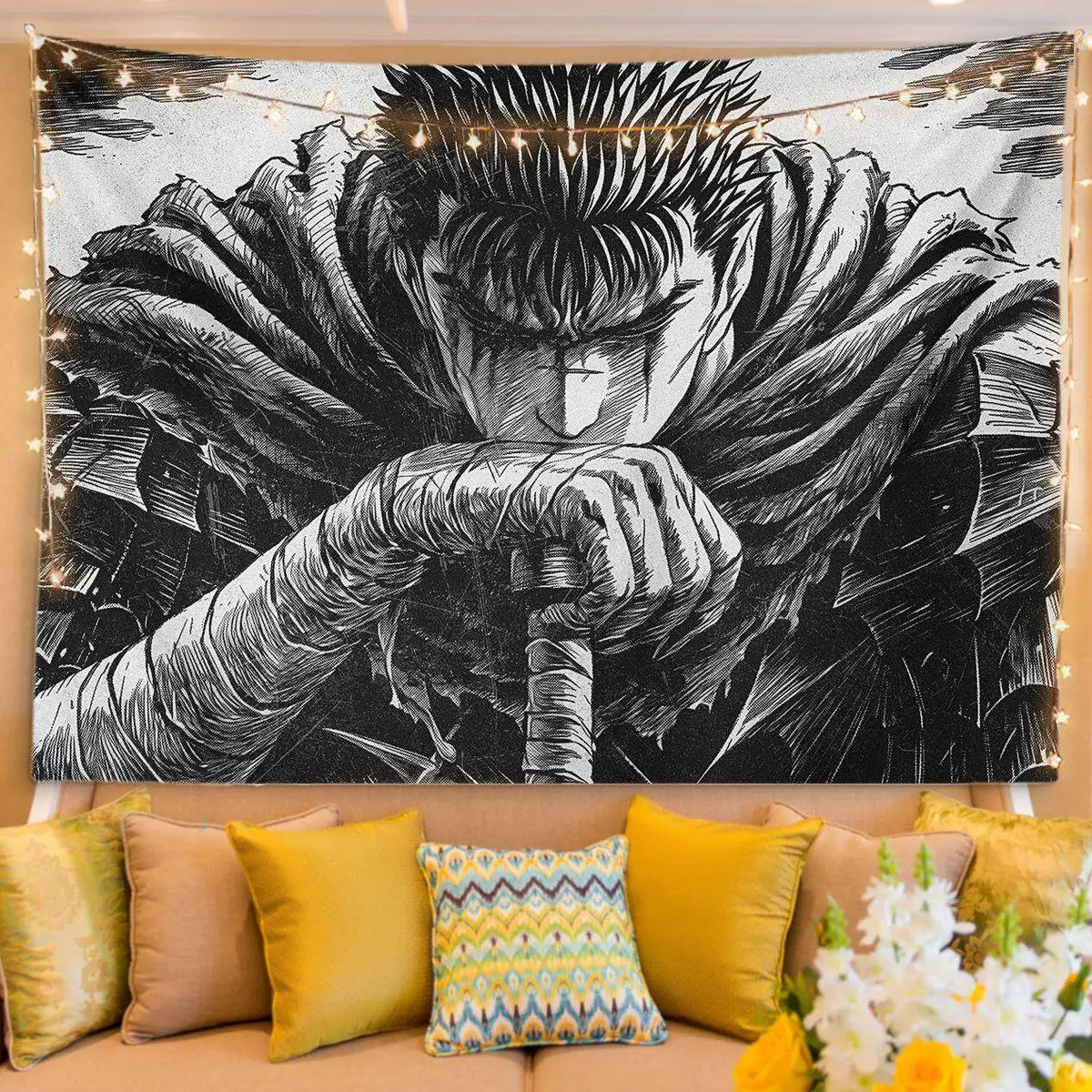 A black and white manga art tapestry featuring a fierce character with spiky hair and dramatic clothing.