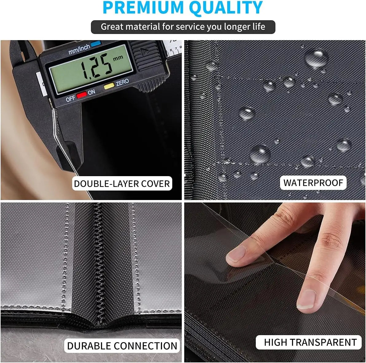 Close-up view of a black trading card storage binder showing features like double-layer cover, waterproof material, durable c
