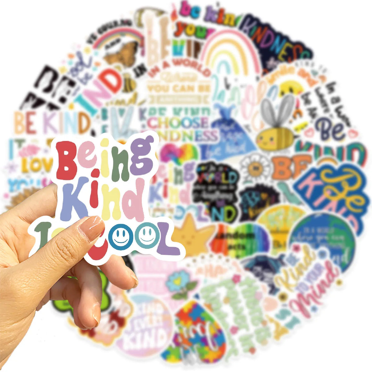 A hand is peeling a colorful inspirational motivational sticker pack featuring words like Kind, Love, and Kindness.