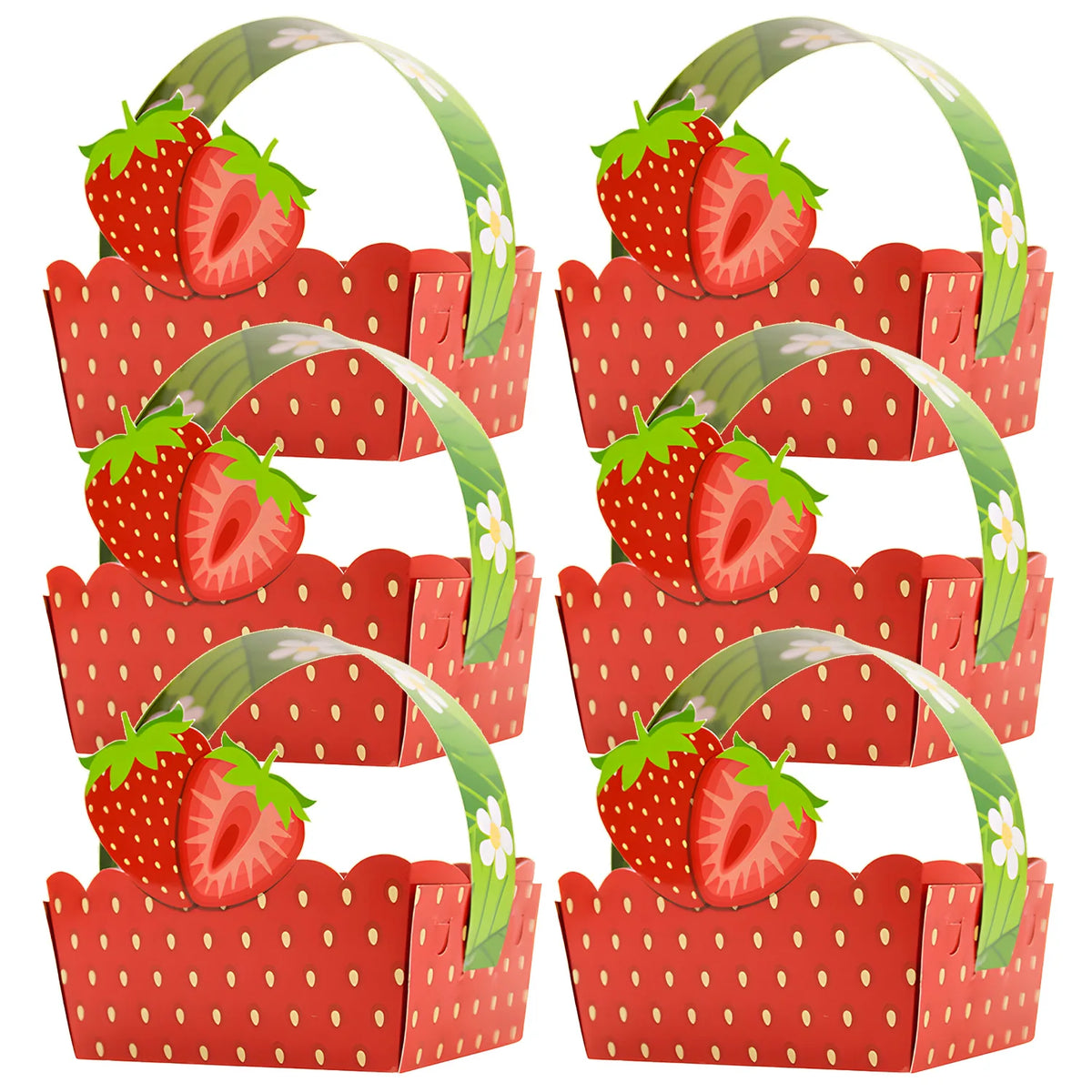 A set of strawberry theme birthday party decorations featuring strawberries, banners, and honeycomb ornaments.