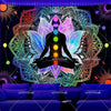 UV reactive chakra lotus tapestry wall hanging featuring a meditating figure in a vibrant mandala design