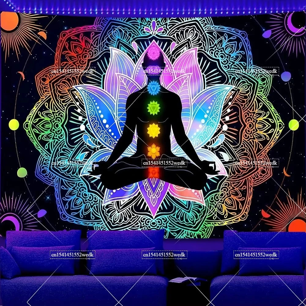 UV reactive chakra lotus tapestry wall hanging featuring a meditating figure in a vibrant mandala design