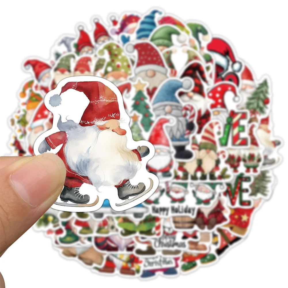 A circular sticker pack featuring various Christmas and Santa decorations like elves, reindeer, and festive figures.