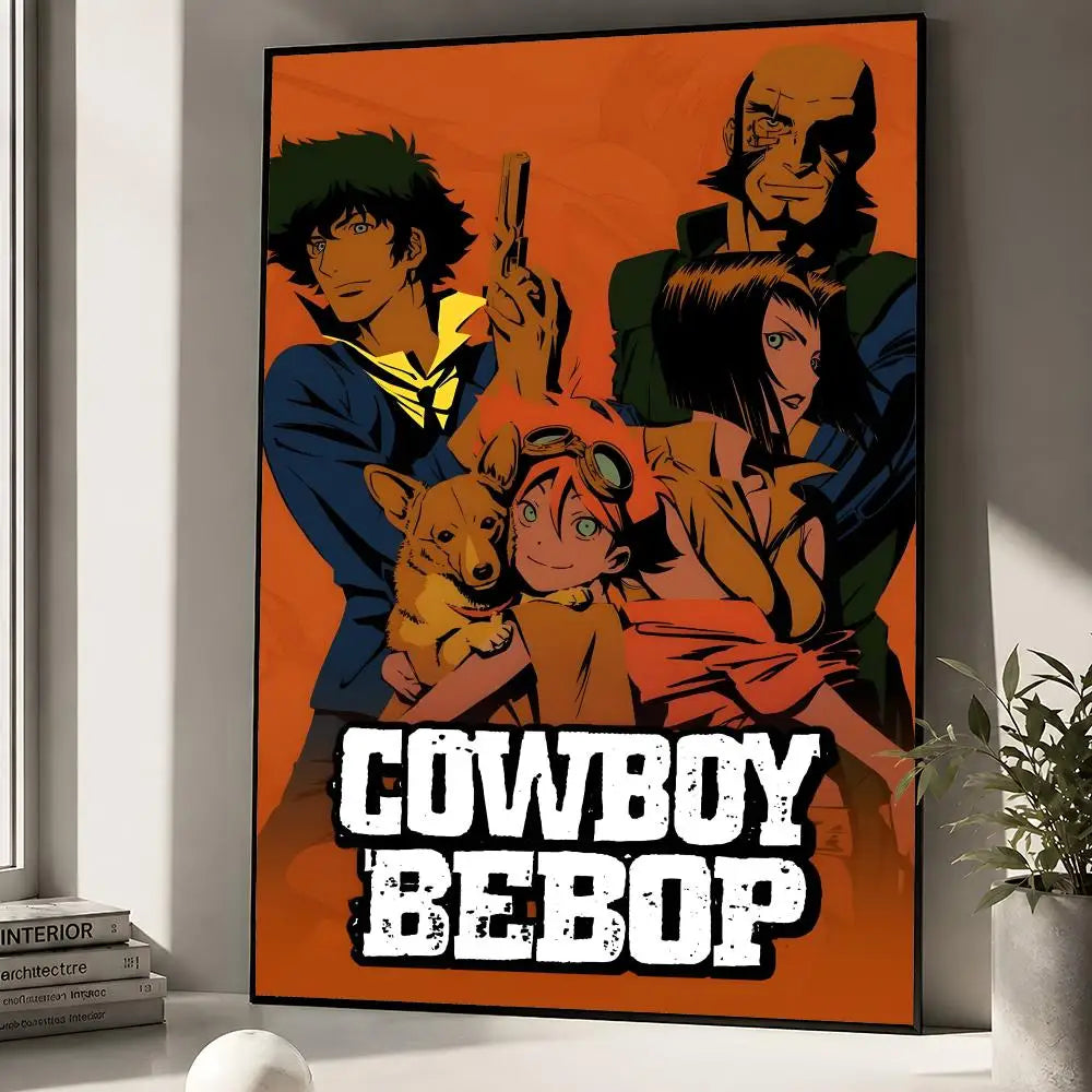 A poster featuring characters from Cowboy Bebop against an orange background with the title Cowboy Bebop.