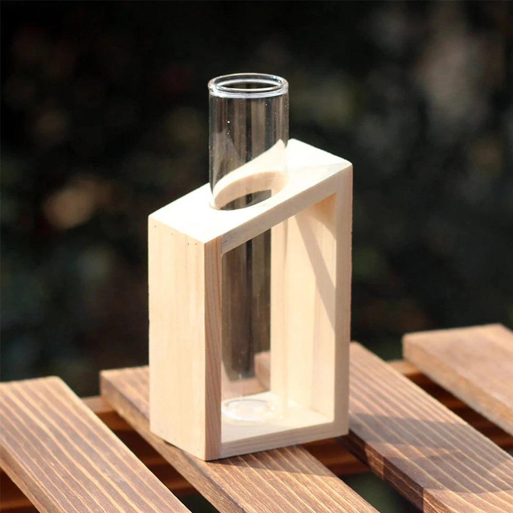 A glass test tube propagation station with a wooden stand is shown on a wooden surface.