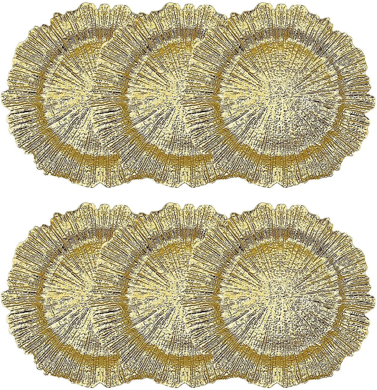 A set of elegant gold charger plates designed for weddings and parties.