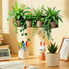 A collection of various green potted plants hanging on a wooden shelf in a bright room.