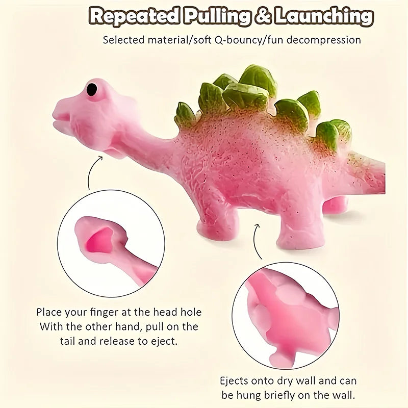 Pink dinosaur slingshot toy demonstrating repeated pulling and launching action.