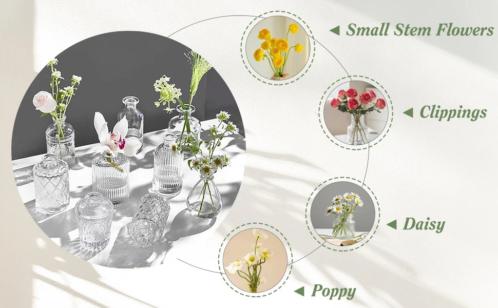 A diagram showing various floral elements like small stem flowers, clippings, daisy, and poppy, illustrated with glass vases.