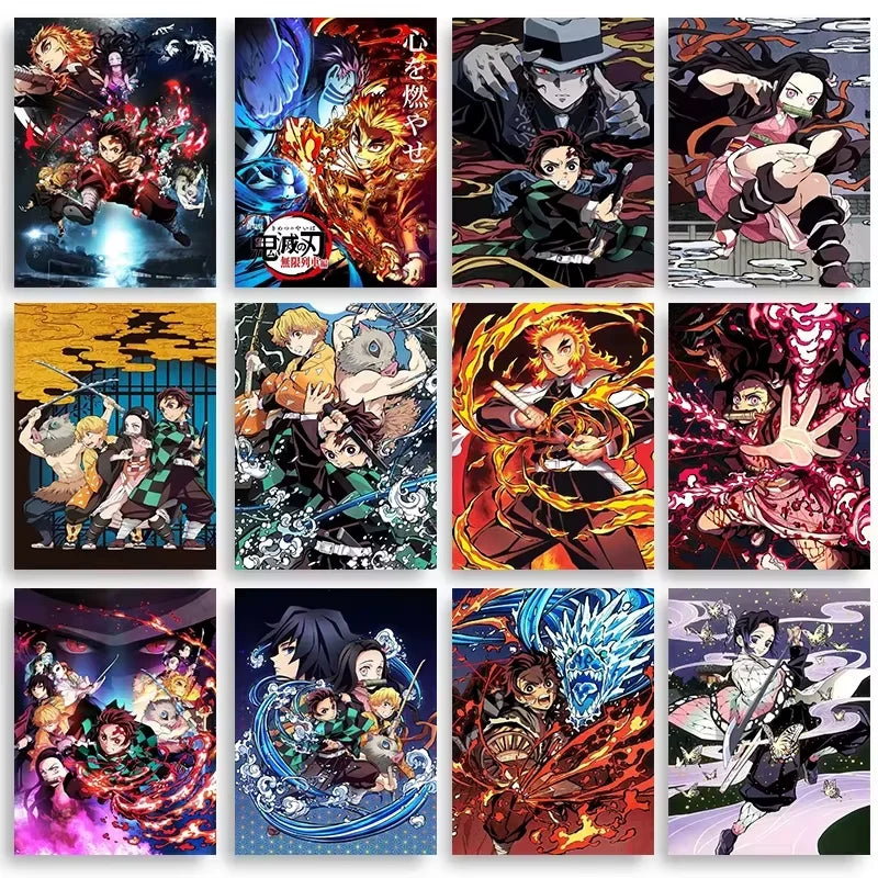 A collage of various anime and manga characters, including Kyojuro Rengoku, depicted in vibrant, detailed diamond painting ar