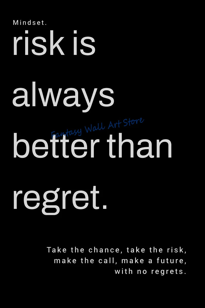 A black background with white text that reads Risk is always better than regret and a call to take chances.