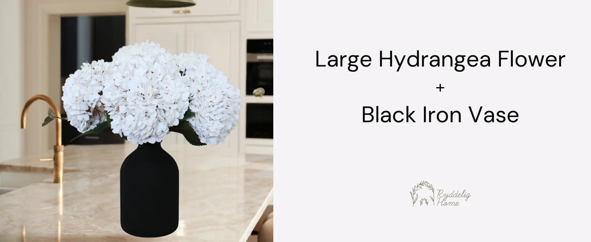 A large cluster of white hydrangeas flowers displayed in a matte black vase on a light surface.