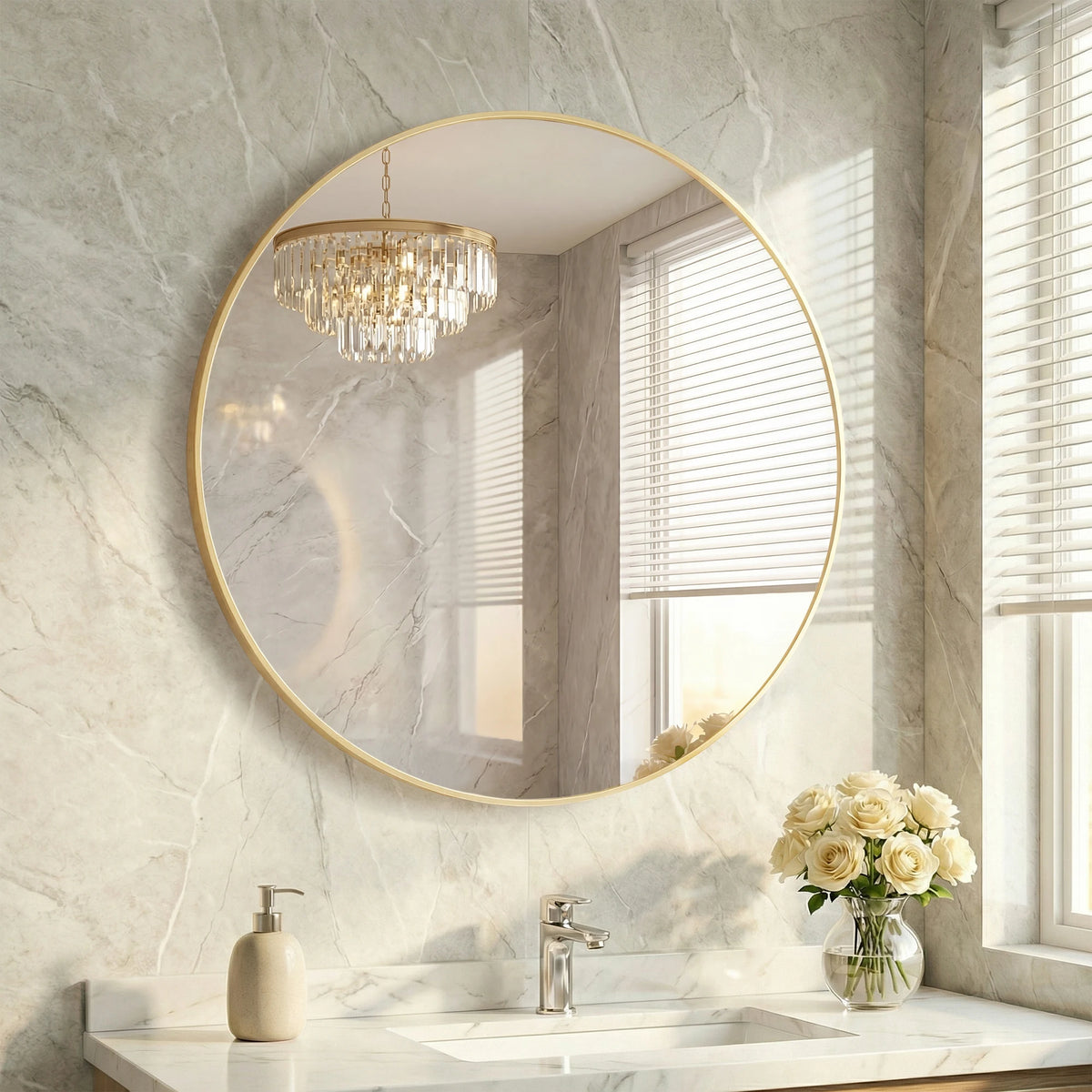 A round gold-framed mirror hangs on a beige marble wall above a white countertop with a sink and faucet.